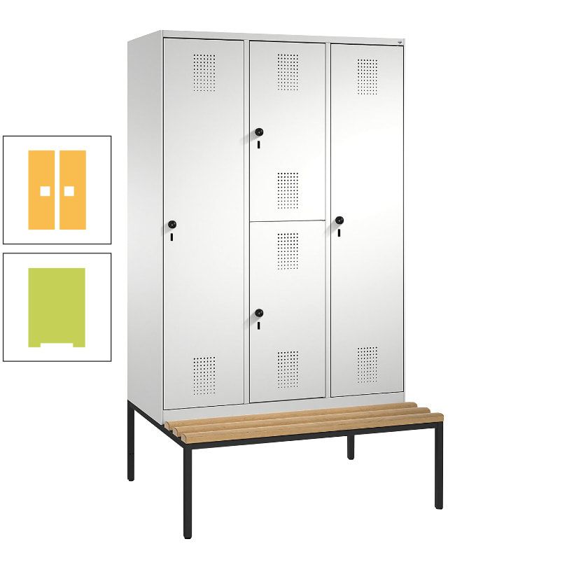 Garderobenschrank, Spind ein- und doppelstöckig Sitzbank, 3 Abteile, 4 Fächer, 2.090x1.200x500 mm (HxBxT), Front anthrazitgrau, Korpus anthrazitgrau