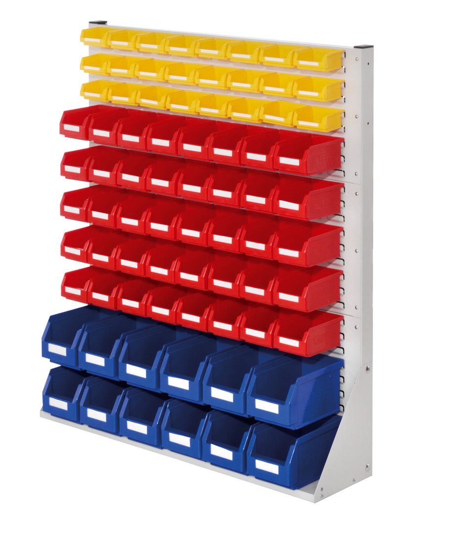 Stationäre Regalwand - Schlitzwand für Sichtlagerkästen - einseitig - mit 42 Kästen bestückt - 1.100 x 1.000 x 240 mm (HxBxT)