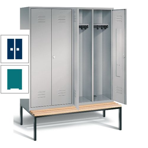Doppel-Spindschrank, Buche Sitzbank untergebaut, 4 Abteile a 400 mm, Korpus lichtgrau, Tür anthrazitgrau, 2.090 x 1.590 x 815 mm (HxBxT)
