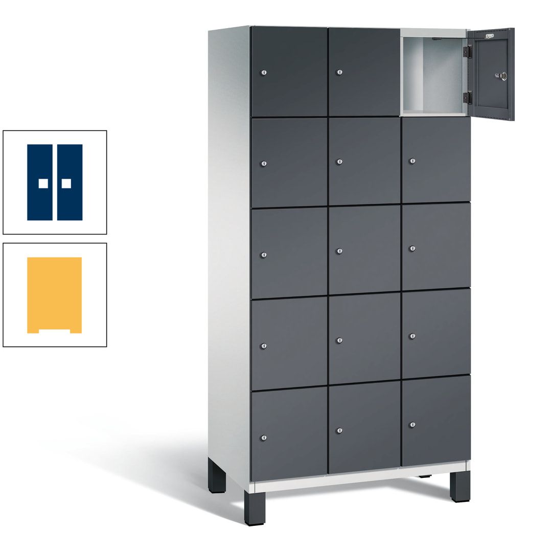 Fächerschrank, Stahlschrank, 15 Fächer, Türöffnungsbegrenzer, Füße, 1.980 x 900 x 525 mm (HxBxT), Korpus anthrazitgrau, Front anthrazitgrau