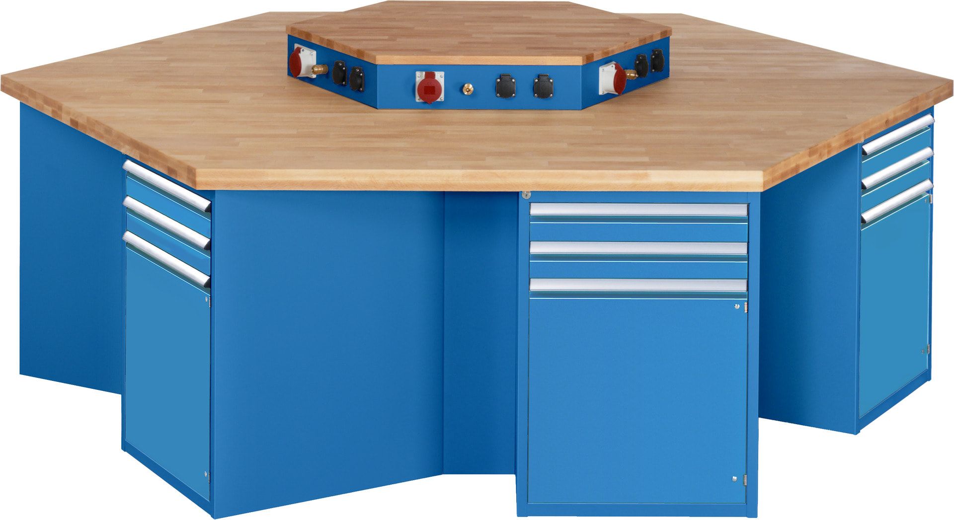 Gruppenwerkbank, Buche, Höhe 840 mm, mit Energieaufsatz, Unterbau-Container, 2 Schubladen, 1 Tür, 1 Boden - Anthrazitgrau