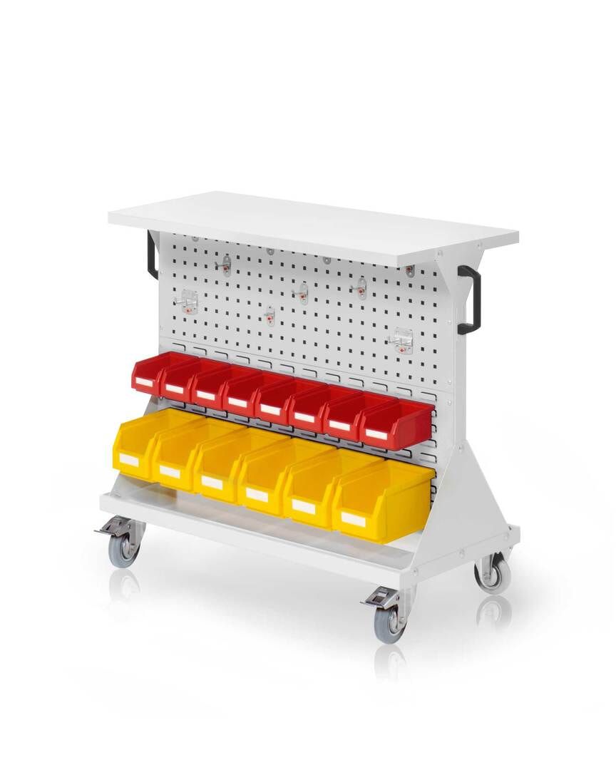 Mobiler Rollwagen, 2 Loch- und 2 Schlitzplatten, 10 Halter und 14 Sichtlagerkästen, Ablageboden, 930 x 1.000 x 500 mm (HxBxT), Anthrazitgrau
