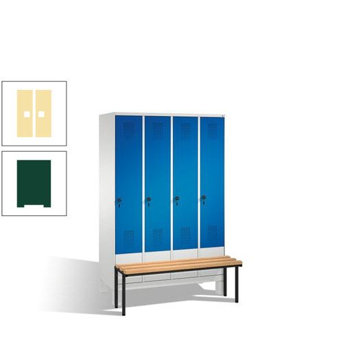 Stahl-Garderobenschrank, Spind, Buche Sitzbank vorgebaut, 4 Abteile a 300 mm, Korpus Lichtgrün, Tür Schwefelgelb, 1.850 x 1.200 x 815 mm (HxBxT)