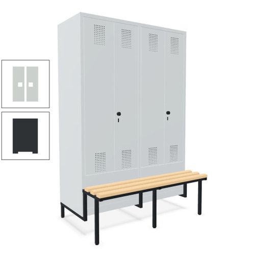Doppel-Spind, Garderobenschrank, Buche Sitzbank integriert, 4 Abteile 300 mm, Korpus anthrazitgrau, Tür anthrazitgrau, 1.850 x 1.200 x 815 mm (HxBxT)