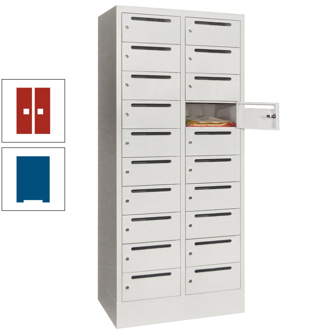 Postverteilerschrank, Schließfachschrank, 2 Abteile a 400 mm, 20 Fächer, 1.850 x 800 x 500 mm (HxBxT), Korpus anthrazitgrau, Front anthrazitgrau