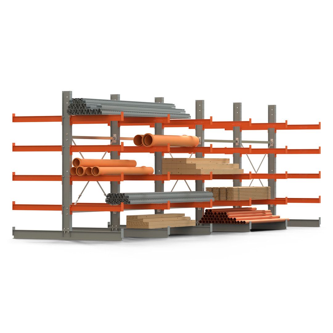 Doppelseitiges Kragarmregal, 2 Felder, 2.000 x 2.560 x 1.120 mm (HxBxT), Nutztiefe 500 mm, Kragarmlast 870 kg, KARL basic, silbergrau/reinorange