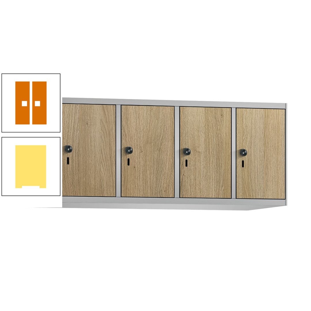 Aufsatzschrank, Schrankaufsatz, 4 Fächer a 300 mm, Farbe Pastellgelb, Tür anthrazitgrau, 500 x 1.200 x 500 mm (HxBxT)
