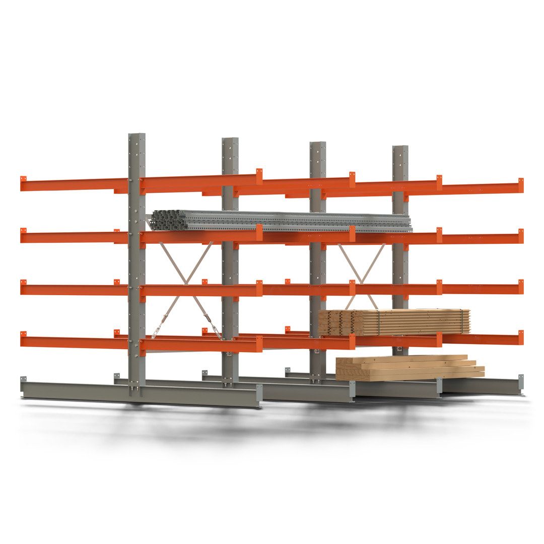 Doppelseitiges Kragarmregal, 2 Felder, 2.000 x 2.000 x 1.120 mm (HxBxT), Nutztiefe 500 mm, Kragarmlast 870 kg, KARL basic, silbergrau/reinorange