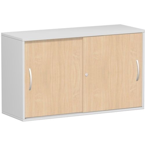 Anstell-Schiebetürenschrank, Stellfüße, 2 Ordnerhöhen, Fachboden, 720 x 1.200 x 425 mm (HxBxT), Korpus Ahorn, Front Buche