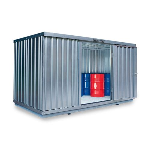 Gefahrstoffcontainer - Gefahrstoffdepot - 2.300 x 4.050 x 2.170 mm (HxBxT) - Auffangvolumen 1050 l - Doppelflügeltür kurze Seite