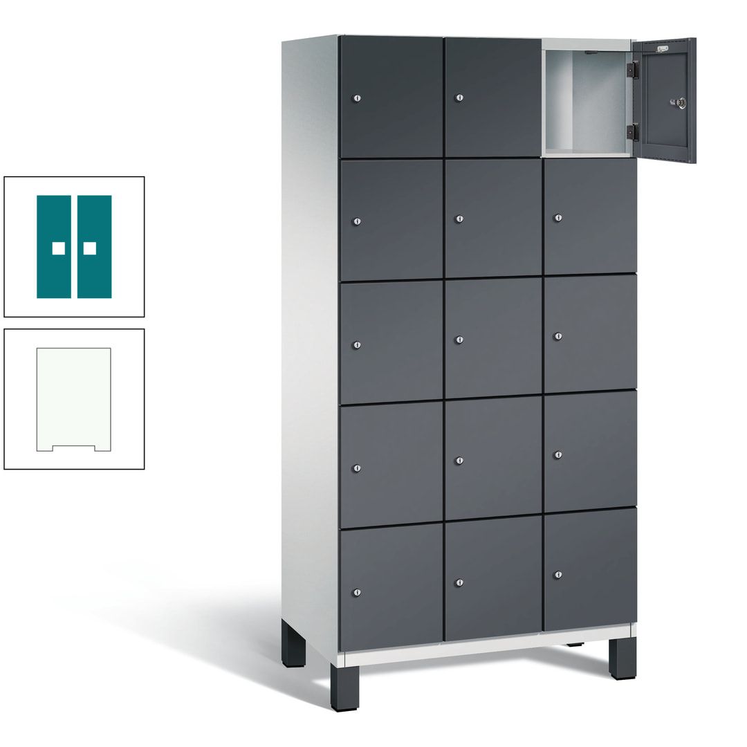 Fächerschrank, Stahlschrank, 15 Fächer, Türöffnungsbegrenzer, Füße, 1.980 x 900 x 525 mm (HxBxT), Korpus anthrazitgrau, Front anthrazitgrau