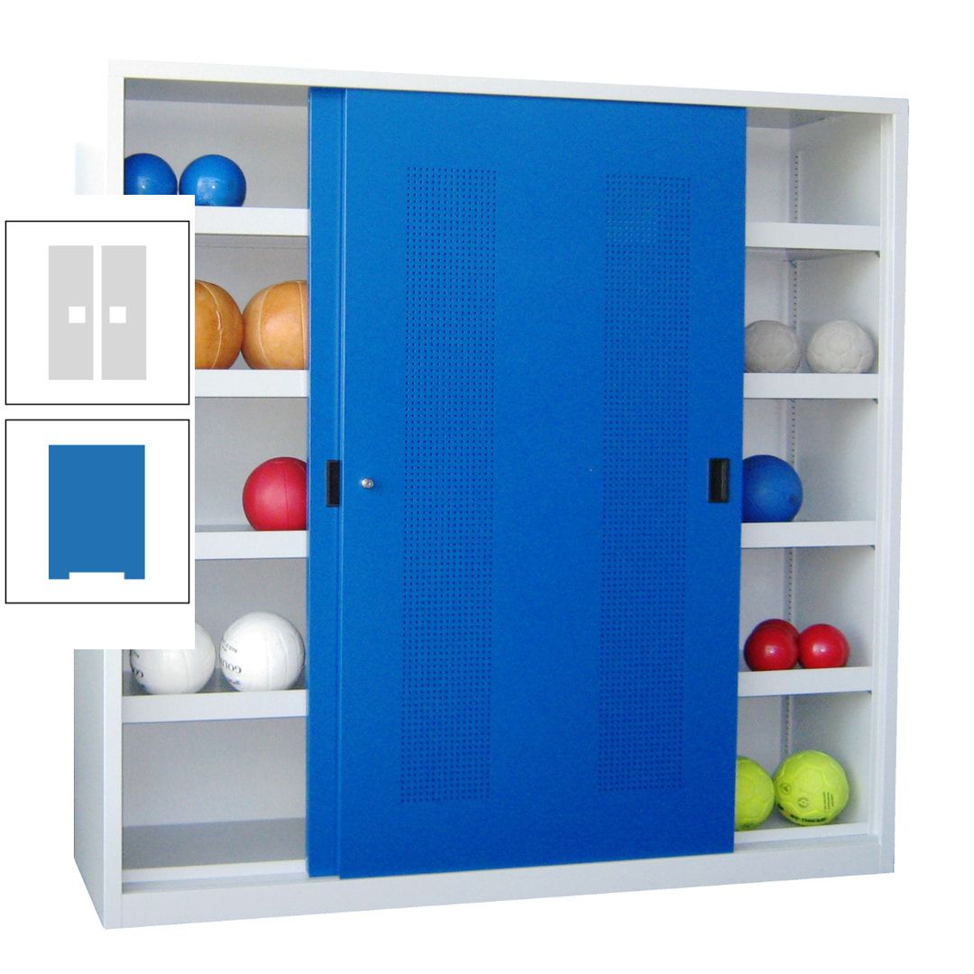 Ballschrank - Schiebetüren mit Lochfeld - Trennwand - 8 Böden - 1.950x2.000x600 mm (HxBxT) - anthrazitgrau