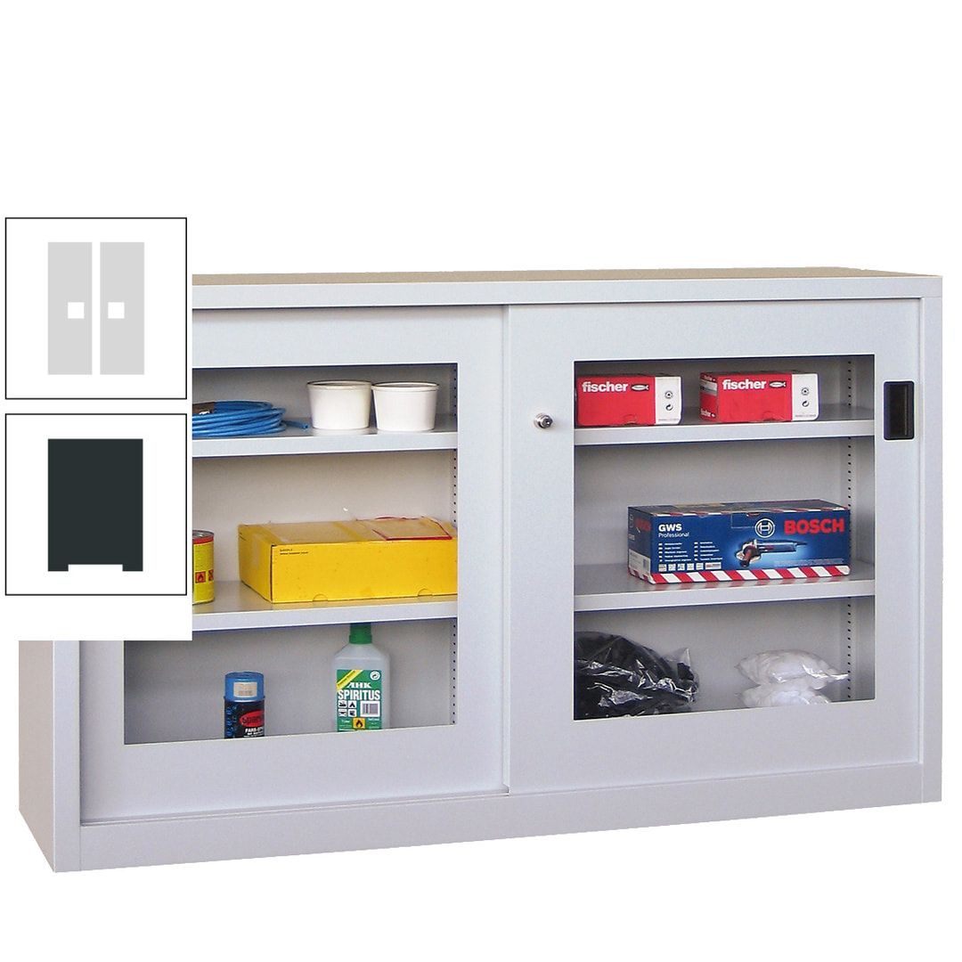 Schiebetürenschrank - Sichtfenstertüren - 1.000x1.500x600 mm (HxBxT) - 4 Böden, verzinkt - Zylinderschloss - anthrazitgrau