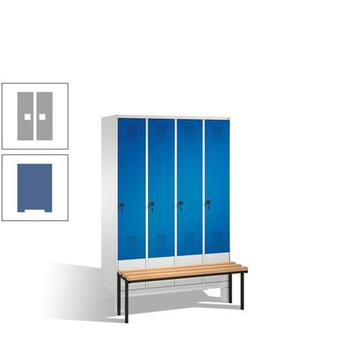 Stahl-Garderobenschrank, Spind, Buche Sitzbank vorgebaut, 4 Abteile a 300 mm, Korpus Lichtgrün, Tür Schwefelgelb, 1.850 x 1.200 x 815 mm (HxBxT)