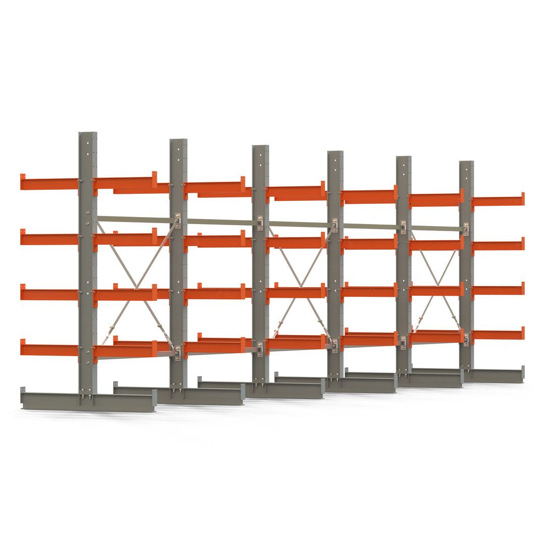 Doppelseitiges Kragarmregal, 2 Felder, 2.000 x 2.560 x 1.120 mm (HxBxT), Nutztiefe 500 mm, Kragarmlast 870 kg, KARL basic, silbergrau/reinorange