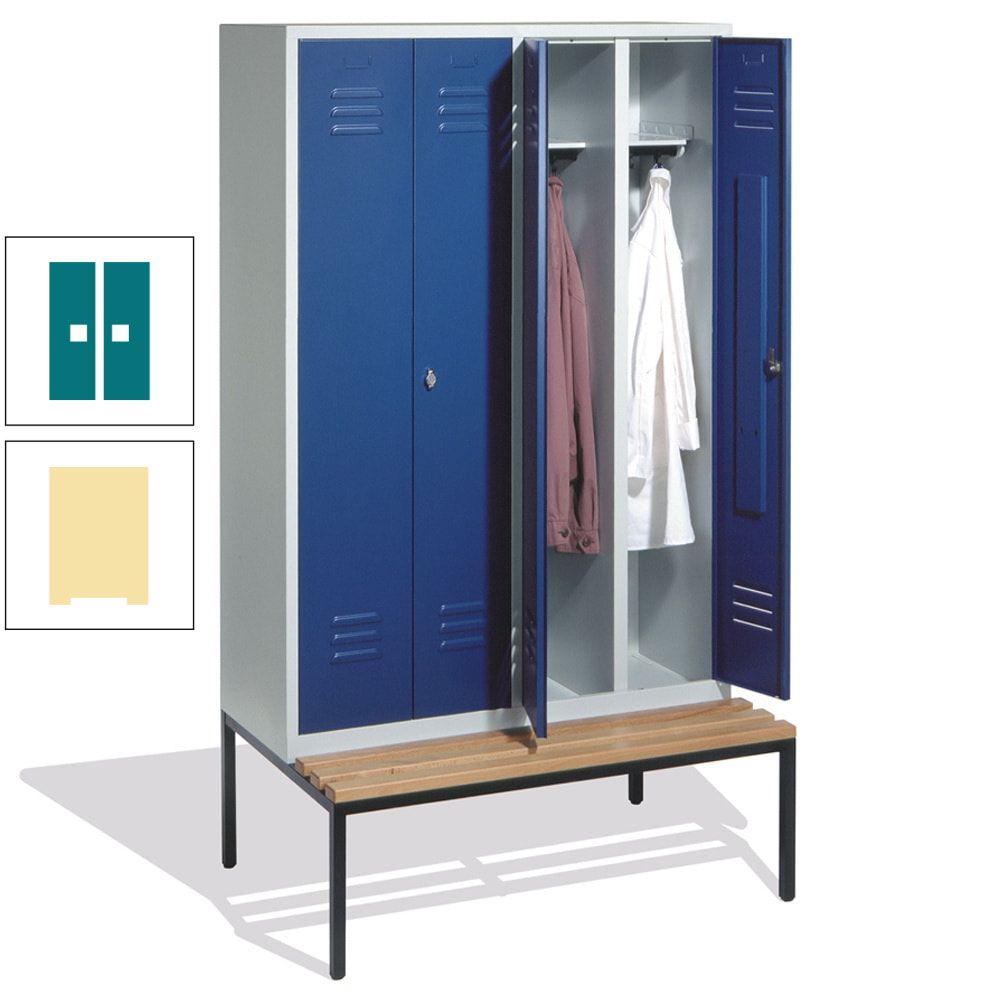 Doppel-Spindschrank, Buche Sitzbank untergebaut, 4 Abteile a 300 mm, Korpus lichtgrau, Tür anthrazitgrau, 2.090 x 1.190 x 815 mm (HxBxT)