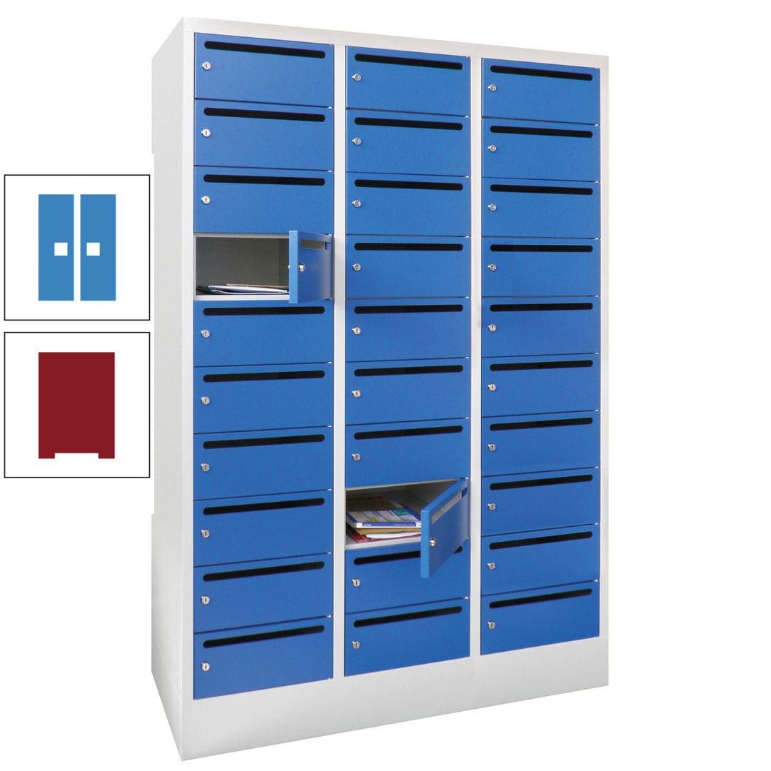 Postverteilerschrank, Schließfachschrank, 3 Abteile a 300 mm, 30 Fächer, 1.850 x 900 x 500 mm (HxBxT), Korpus anthrazitgrau, Front anthrazitgrau