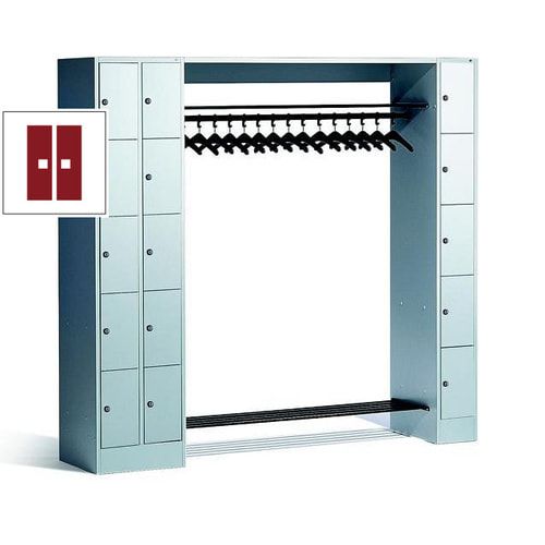 Garderobenanlage, Offene Garderobe mit Spindschrank, 15 Fächer, links/rechts, Korpus lichtgrau, Türfarbe enzianblau, 1.950 x 2.100 x 480 mm (HxBxT)