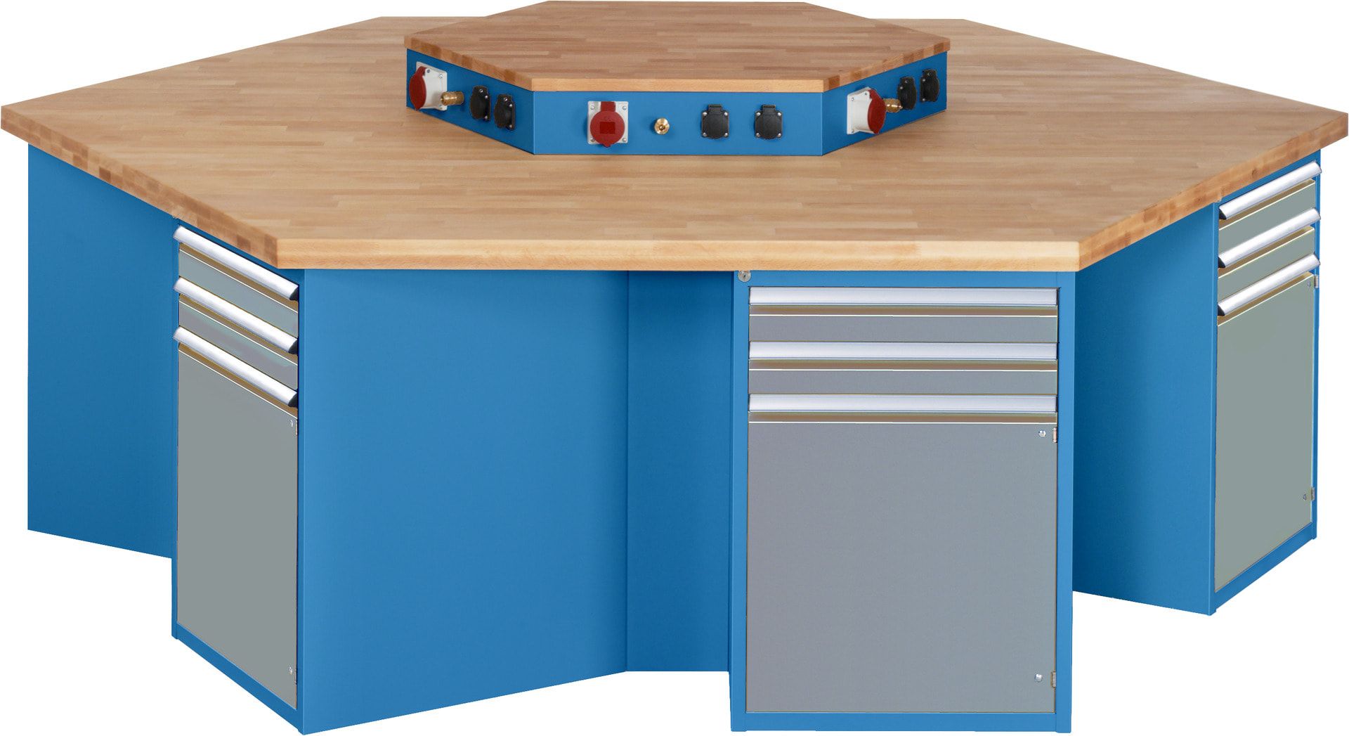 Gruppenwerkbank, Buche, Höhe 840 mm, mit Energieaufsatz, Unterbau-Container, 2 Schubladen, 1 Tür, 1 Boden - Anthrazitgrau