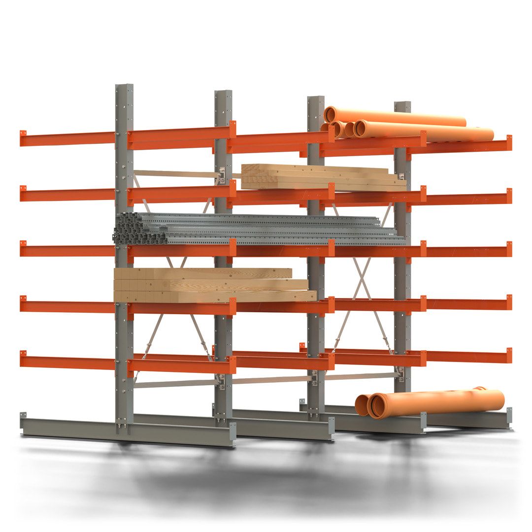 Doppelseitiges Kragarmregal, 2 Felder, 2.500 x 2.000 x 1.120 mm (HxBxT), Nutztiefe 500 mm, Kragarmlast 870 kg, KARL basic, silbergrau/reinorange