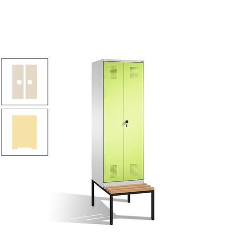 Doppel-Spind, Garderobenschrank, Buche Sitzbank untergebaut, 2 Abteile a 300 mm, Korpus anthrazitgrau, Tür anthrazitgrau, 2.090 x 600 x 815 mm (HxBxT)