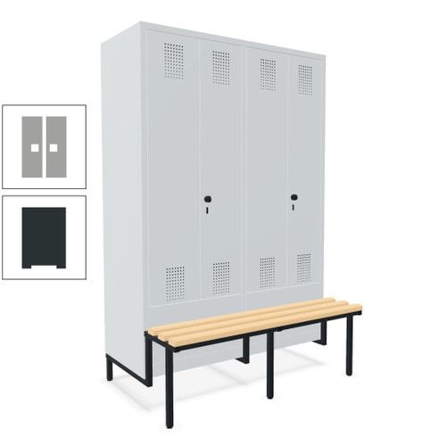 Doppel-Spind, Garderobenschrank, Buche Sitzbank integriert, 4 Abteile 300 mm, Korpus anthrazitgrau, Tür anthrazitgrau, 1.850 x 1.200 x 815 mm (HxBxT)