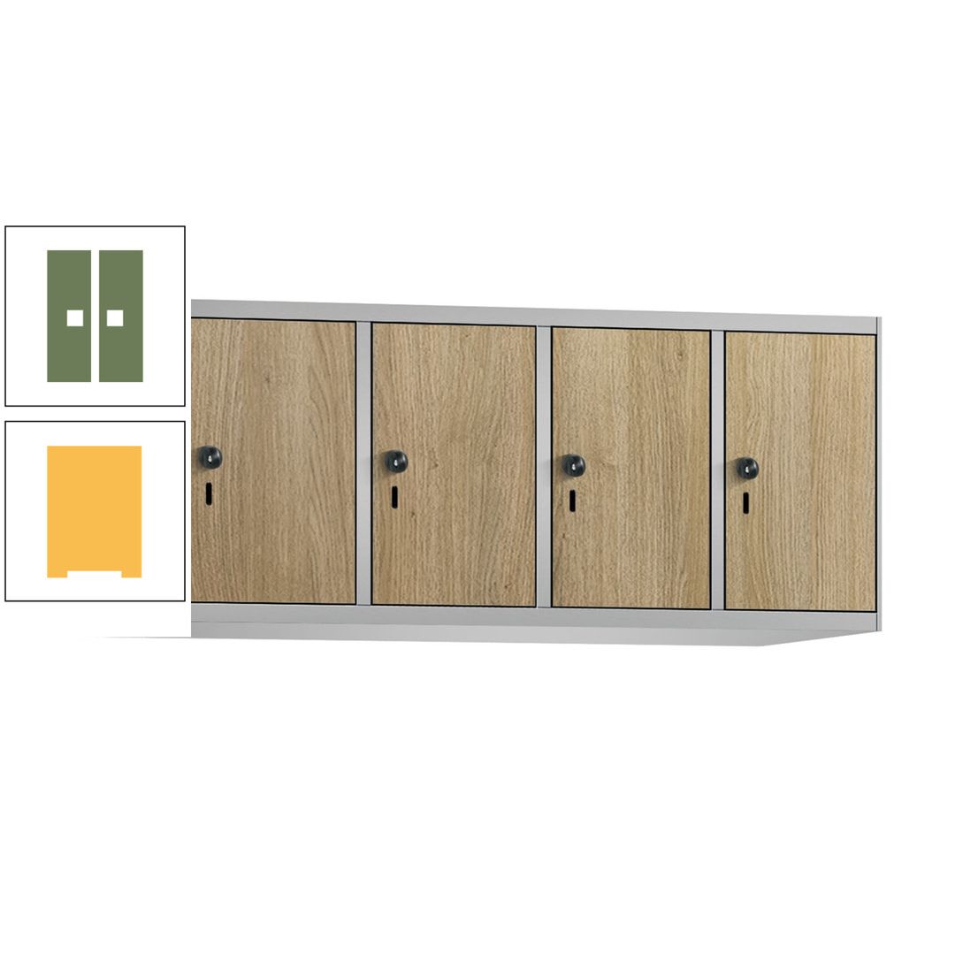 Aufsatzschrank, Schrankaufsatz, 4 Fächer a 300 mm, Farbe Pastellgelb, Tür anthrazitgrau, 500 x 1.200 x 500 mm (HxBxT)