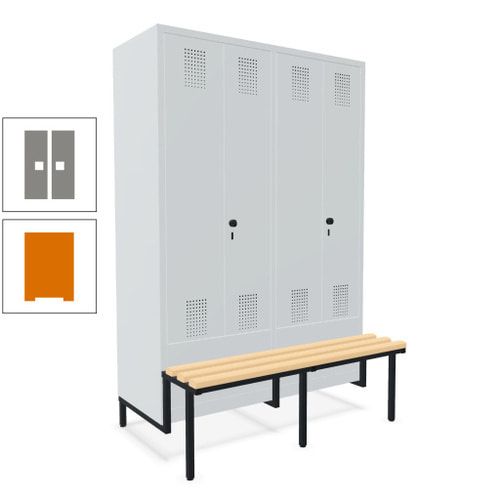 Doppel-Spind, Garderobenschrank, Buche Sitzbank integriert, 4 Abteile 300 mm, Korpus anthrazitgrau, Tür anthrazitgrau, 1.850 x 1.200 x 815 mm (HxBxT)