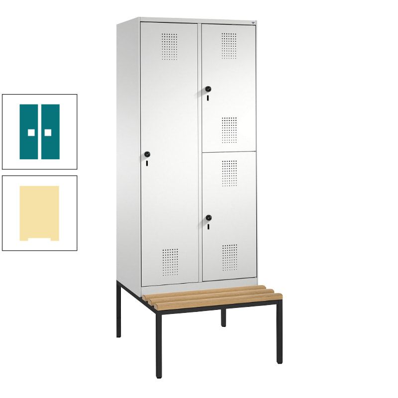 Garderobenschrank, Spind ein- und doppelstöckig Sitzbank, 2 Abteile, 3 Fächer, 2.090 x 800 x 500 mm (HxBxT), Front anthrazitgrau, Korpus anthrazitgrau