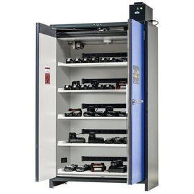 Sicherheitsschrank f.Li-Ion-Batterien, Anthrazitgrau/Enzianblau, 2.114 x 1.193 x 615 mm (HxBxT), Steckdosen, 5 Fachböden, Auffangwanne, LED, Alarme