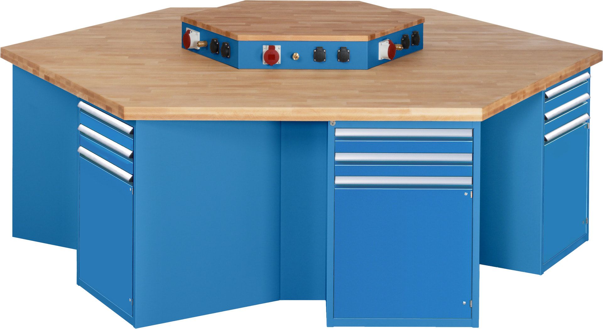 Gruppenwerkbank, Buche, Höhe 840 mm, mit Energieaufsatz, Unterbau-Container, 2 Schubladen, 1 Tür, 1 Boden - Anthrazitgrau