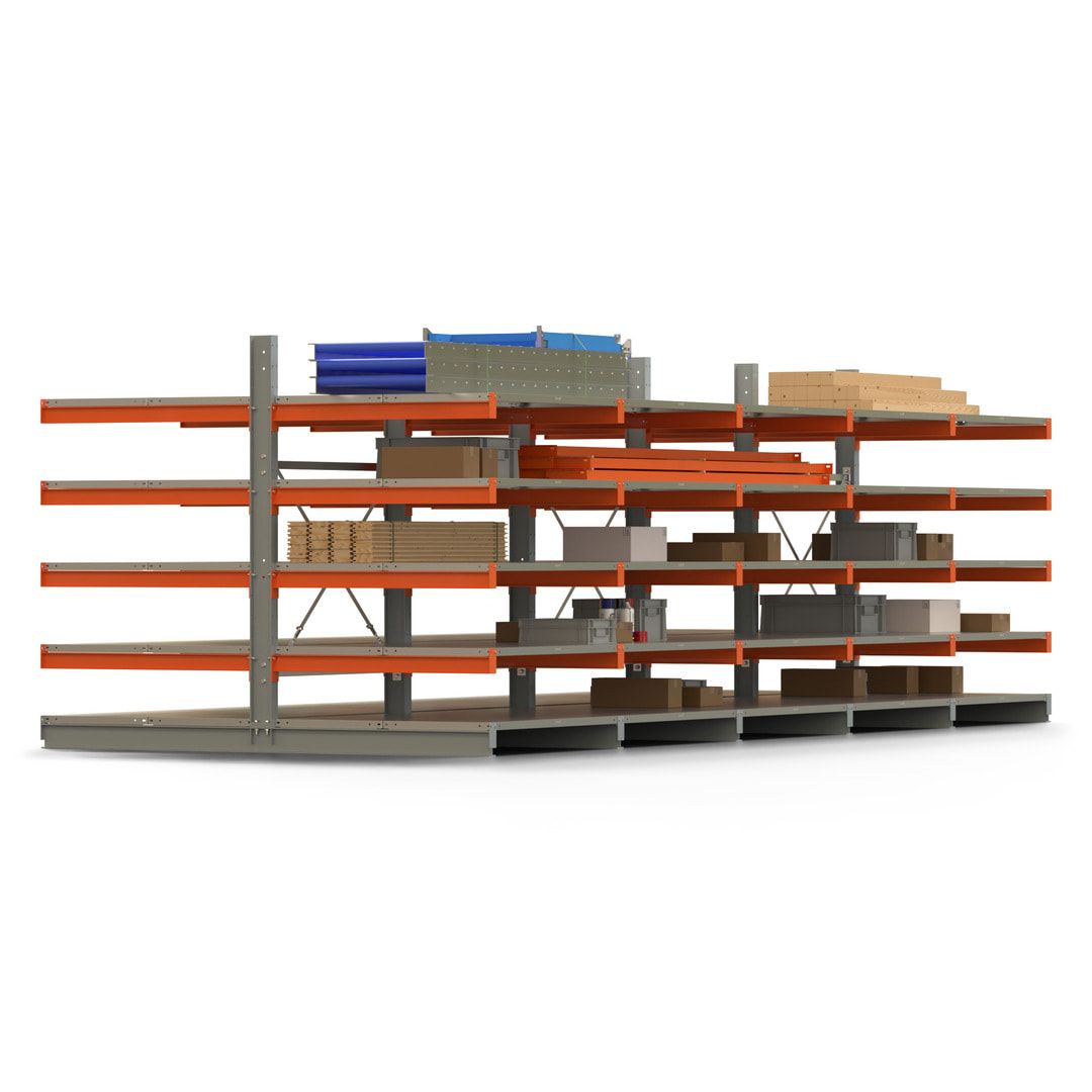 Doppelseitiges Kragarmregal mit Fachböden, 2 Felder, 2.000 x 2.560 (HxB), Nutztiefe 1.000 mm, Kragarmlast 450 kg, KARL basic, silbergrau/reinorange