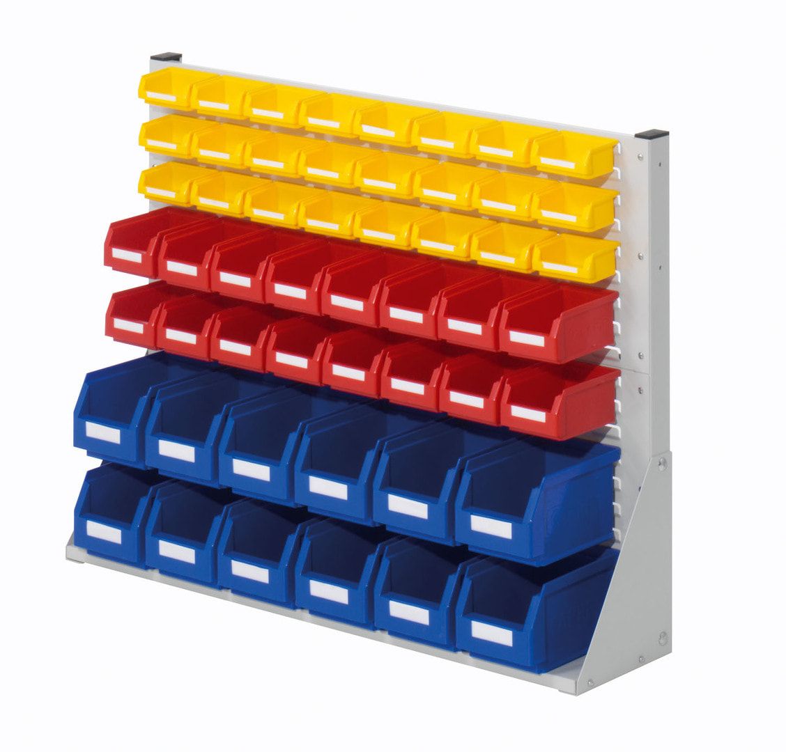 Stationäre Regalwand - Schlitzwand für Sichtlagerkästen - einseitig - mit 30 Kästen bestückt - 760 x 1.000 x 240 mm (HxBxT)