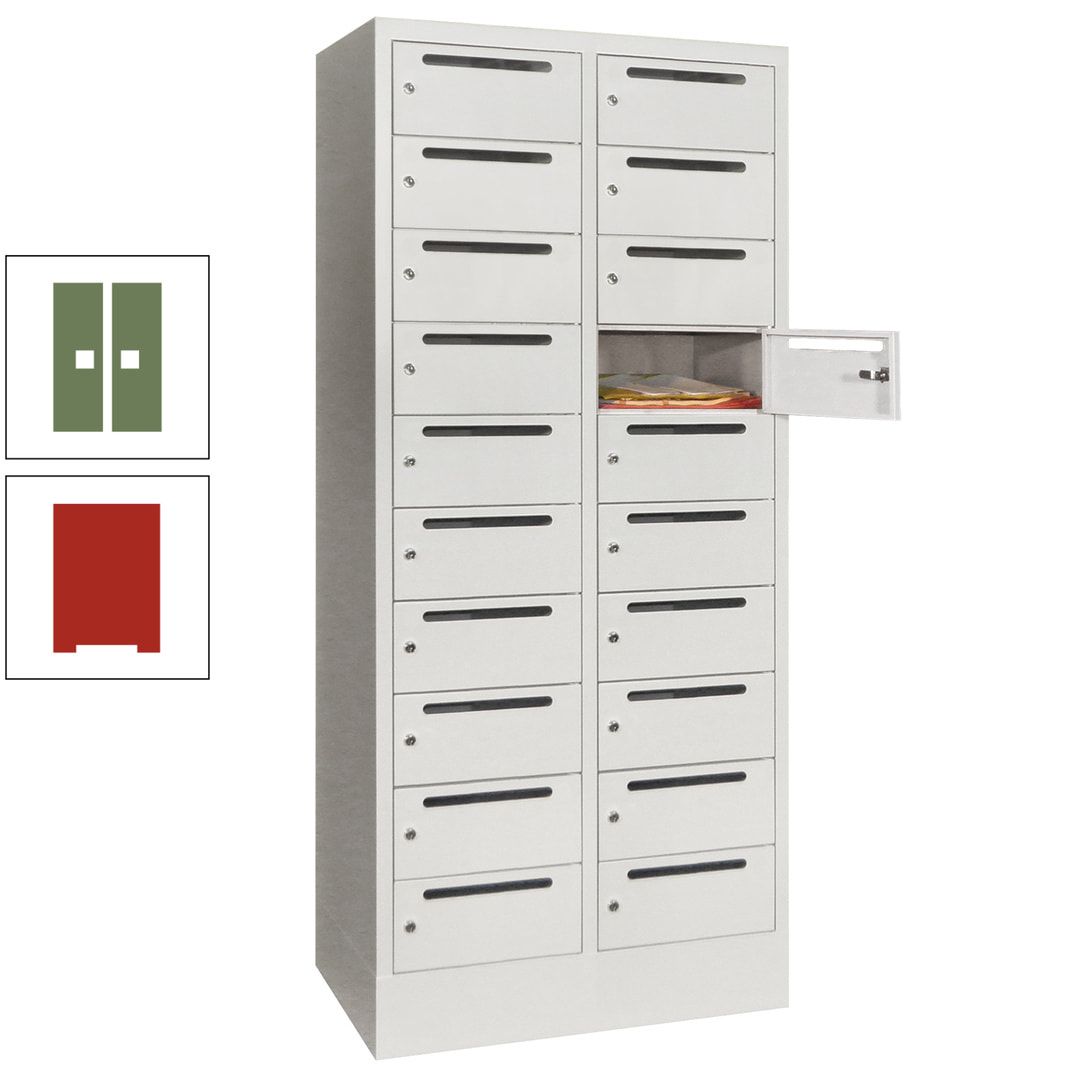 Postverteilerschrank, Schließfachschrank, 2 Abteile a 400 mm, 20 Fächer, 1.850 x 800 x 500 mm (HxBxT), Korpus anthrazitgrau, Front anthrazitgrau
