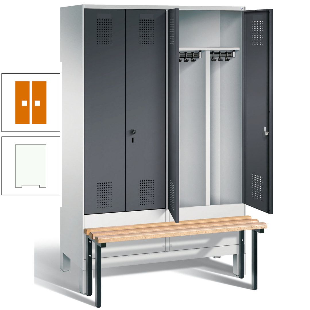 Doppel-Spind, Garderobenschrank, Buche Sitzbank vorgebaut, 4 Abteile a 300 mm, Korpus feuerrot, Tür Wasserblau, 1.850 x 1.200 x 815 mm (HxBxT)
