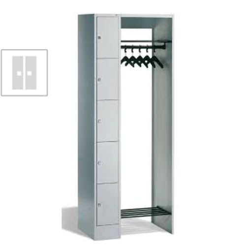 Garderobenanlage, Offene Garderobe mit Spindschrank, 5 Fächer, links, Korpusfarbe lichtgrau, Türfarbe enzianblau, 1.950 x 740 x 480 mm (HxBxT)