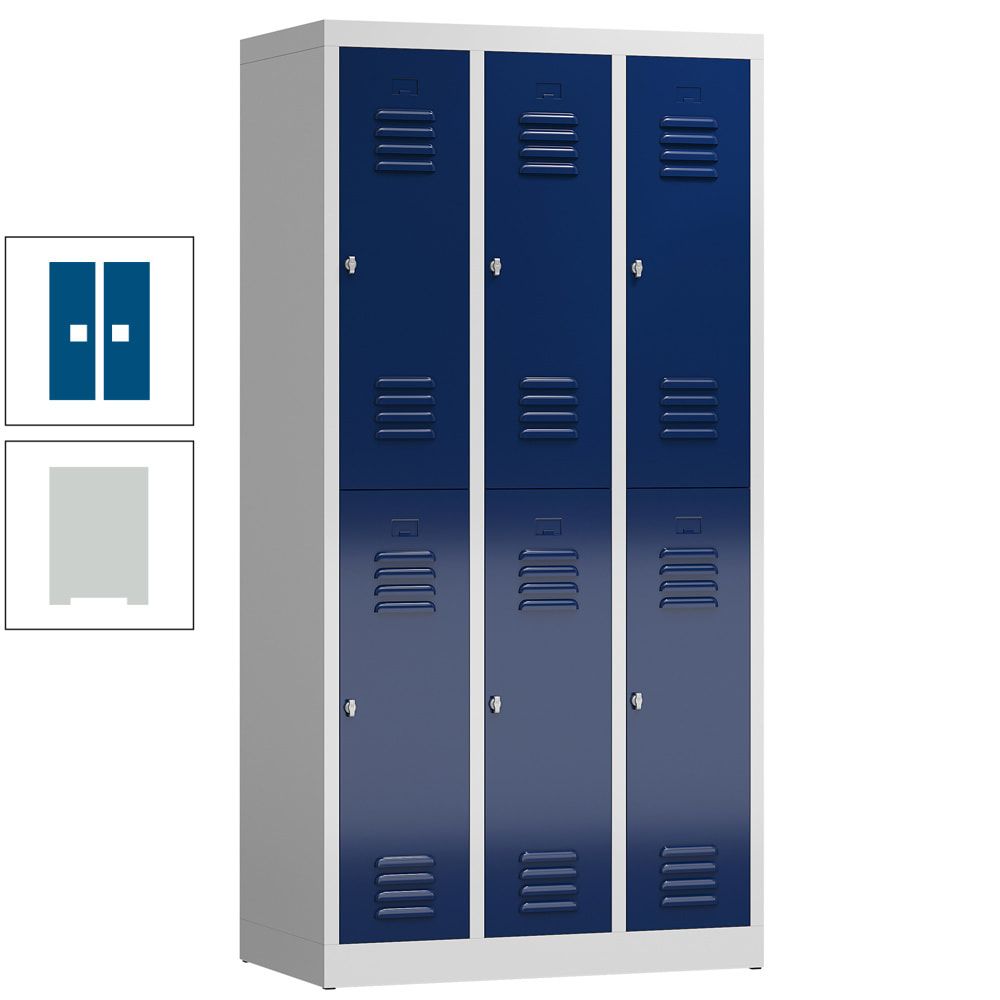 Garderobenschrank, Doppelstockspind, 3 Abteil, 6 Fächer, 1.800 x 870 x 500 mm (HxBxT), Stahl, Drehriegel, Korpus: lichtgrau, Front: anthrazitgrau