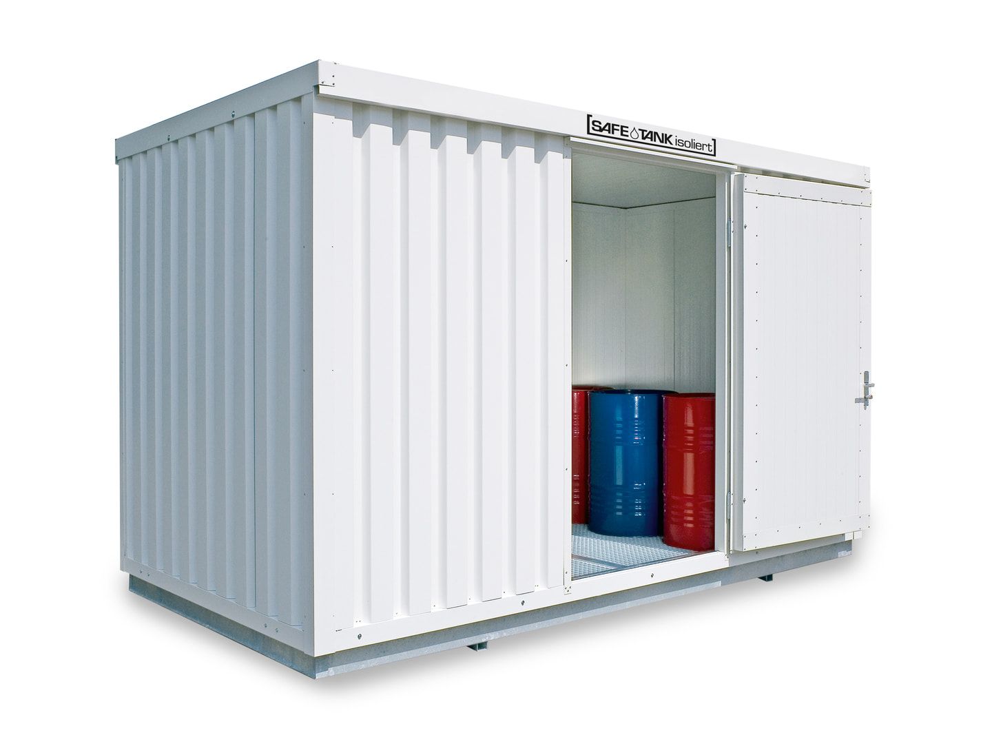 Isolierter Gefahrstoffcontainer - 2.510 x 4.050 x 2.170 mm (HxBxT) - Auffangvolumen 1.050 l - ohne Lüftung - Doppelflügeltür kurze Seite