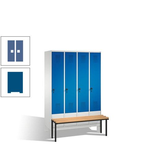 Stahl-Garderobenschrank, Spind, Buche Sitzbank vorgebaut, 4 Abteile a 300 mm, Korpus Lichtgrün, Tür Schwefelgelb, 1.850 x 1.200 x 815 mm (HxBxT)