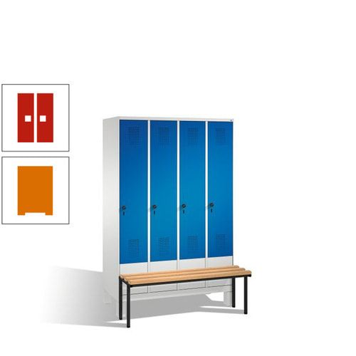Stahl-Garderobenschrank, Spind, Buche Sitzbank vorgebaut, 4 Abteile a 300 mm, Korpus Lichtgrün, Tür Schwefelgelb, 1.850 x 1.200 x 815 mm (HxBxT)