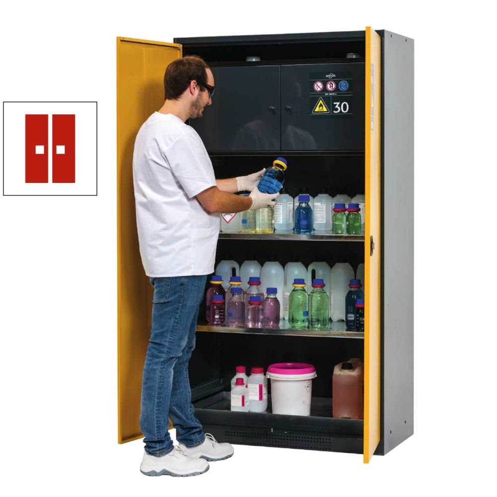 Chemikalienschrank - Sicherheitsbox - Flügeltüren, goldgelb - 2 Fachböden - Lochblecheinsatz - 1.950 x 1.055 x 520 mm - Stahl, pulverbeschichtet