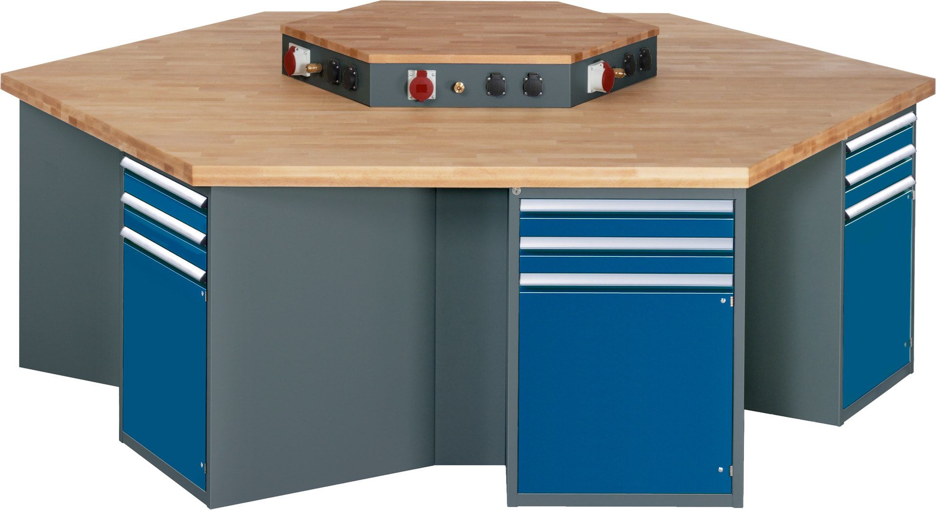 Gruppenwerkbank, Buche, Höhe 840 mm, mit Energieaufsatz, Unterbau-Container, 2 Schubladen, 1 Tür, 1 Boden - Anthrazitgrau