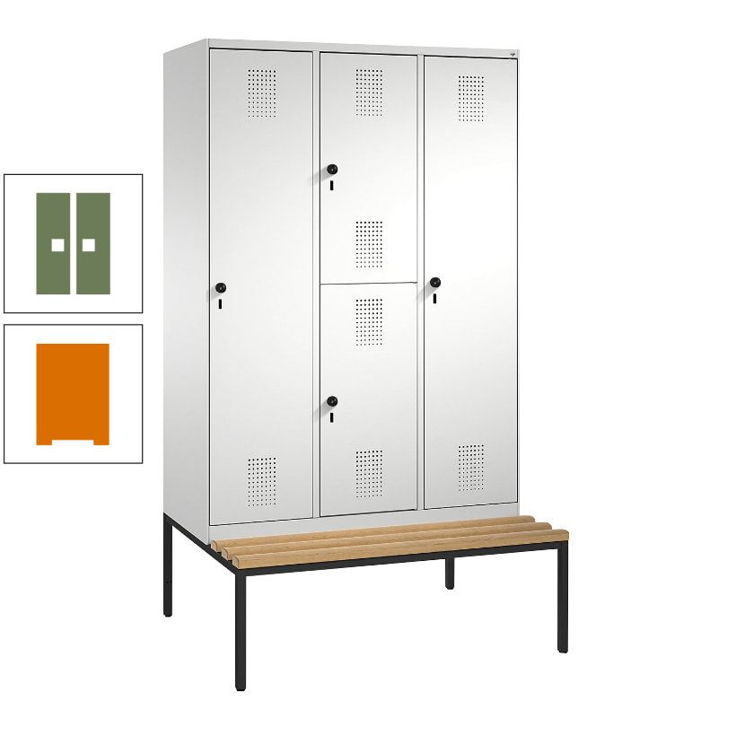 Garderobenschrank, Spind ein- und doppelstöckig Sitzbank, 3 Abteile, 4 Fächer, 2.090x1.200x500 mm (HxBxT), Front anthrazitgrau, Korpus anthrazitgrau