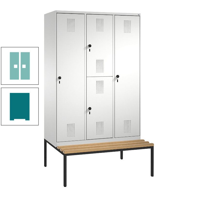 Garderobenschrank, Spind ein- und doppelstöckig Sitzbank, 3 Abteile, 4 Fächer, 2.090x1.200x500 mm (HxBxT), Front anthrazitgrau, Korpus anthrazitgrau