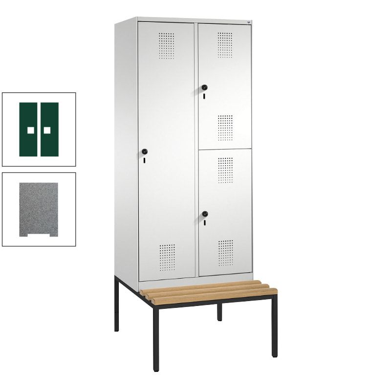 Garderobenschrank, Spind ein- und doppelstöckig Sitzbank, 2 Abteile, 3 Fächer, 2.090 x 800 x 500 mm (HxBxT), Front anthrazitgrau, Korpus anthrazitgrau