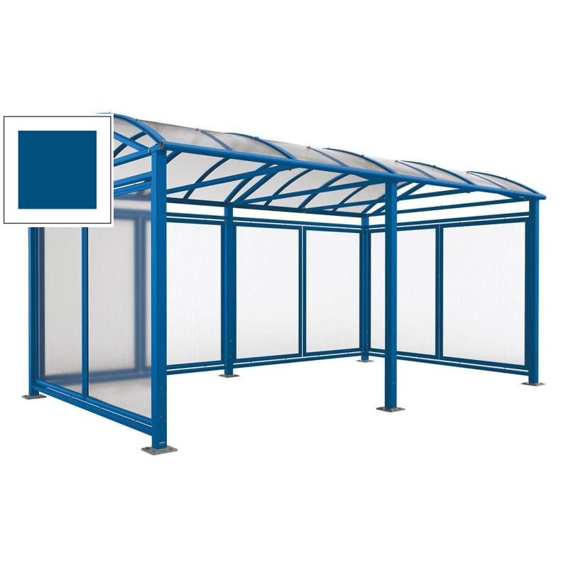 Fahrradüberdachung mit Erweiterung, Seitenverkleidung, Rückwand, Entwässerung, Bodenplatten, 2.640 x 5.040 x 2.830 mm (HxBxT), enzianblau (RAL 5010)