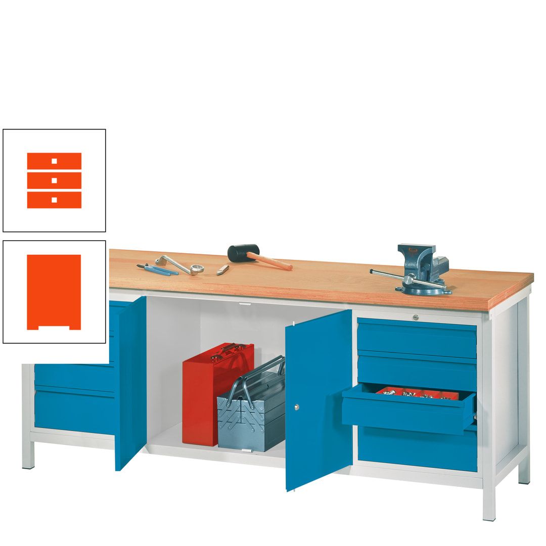 Werkbank mit Schubladenblöcken und Schrank - Traglast 1.400 kg - 900 x 2.000 x 700 (HxBxT) - anthrazitgrau