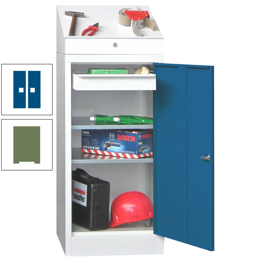 Stehpult mit Schrank - Vollblechtür - 1 Einlegeboden, 1 Ausziehboden, 1 Schublade - 1.270x500x500 mm (HxBxT) - anthrazitgrau