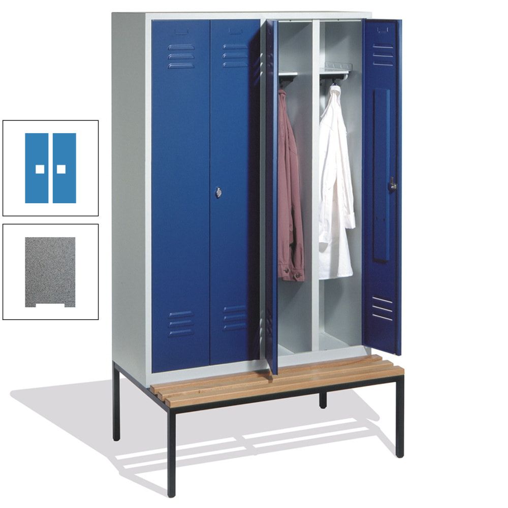Doppel-Spindschrank, Buche Sitzbank untergebaut, 4 Abteile a 300 mm, Korpus lichtgrau, Tür anthrazitgrau, 2.090 x 1.190 x 815 mm (HxBxT)