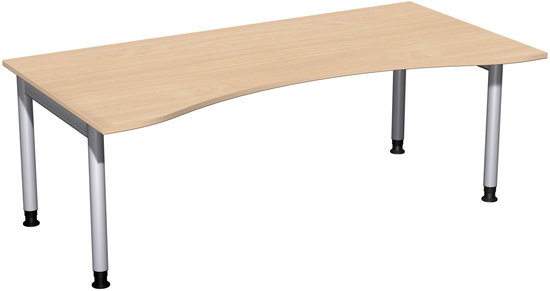 Ergo-Schreibtisch, Füße einseitig verkürzt, 4-Fuß Pro, höhenverstellbar, 680-800 x 1.600 x 1.000 mm (HxBxT), Gestell silber, Dekor Ahorn